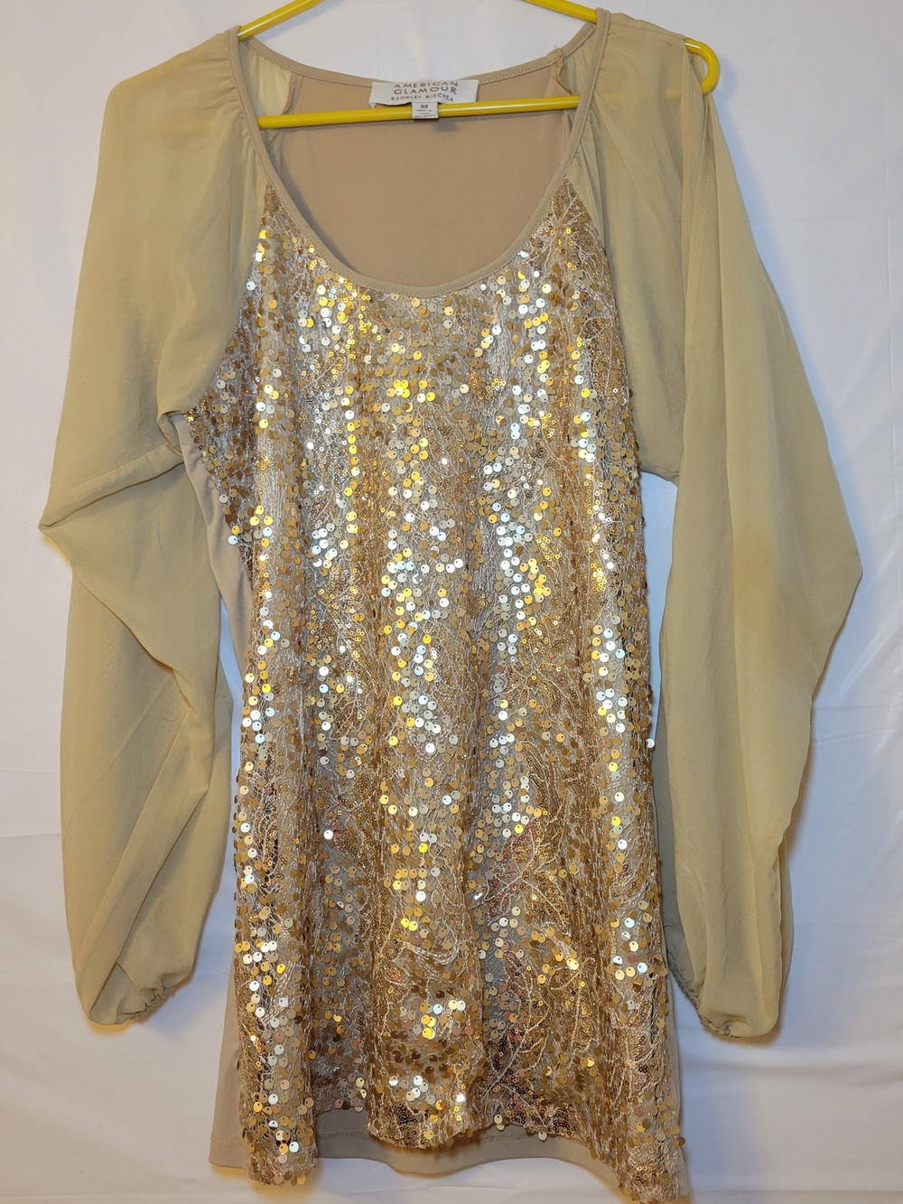 Sequin Front Sheer Sleeve Blouse in Light Gold